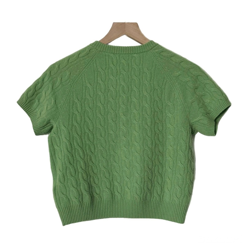 J.Crew 100% Cashmere Cable Knit Henley Short Sleeve Cropped Sweater Green Small - Picture 3 of 7